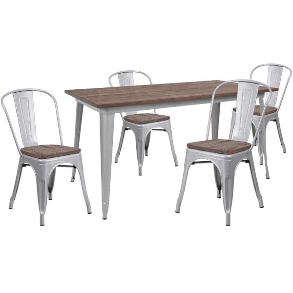 Flash Furniture Bailey 30.25" x 60" Silver Metal Table Set with Wood Top and 4 Stack Chairs, CH-WD-TBCH-13-GG