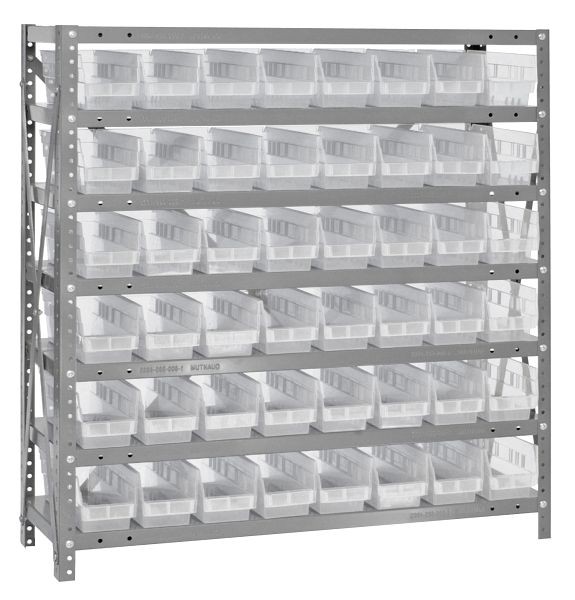 Quantum Storage Systems Shelving Unit, 12x36x39", 400 lb capacity per shelf (7), 48 QSB100 clear black bins, cross bars, galvanized steel, 1239-101CL