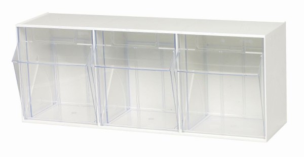 Quantum Storage Systems Tip Out Bin, (3) compartment, opens to a 45° angle, plastic clear container, polystyrene white cabinet, QTB303WT
