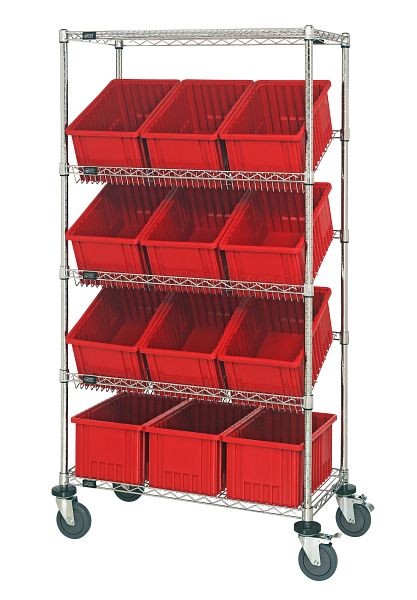 Quantum Storage Systems Bin Systems Unit, mobile, includes (5) wire shelves, (12) red bins (DG92080) & (4) 5" casters, red, chrome finish, MWRS-5-92080RD