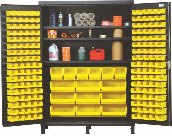Quantum Storage Systems Heavy-Duty 60" Bin Cabinet, 500 lb. capacity, includes (3) adjustable shelves, (185) yellow bins, gray finish, QSC-60SYL