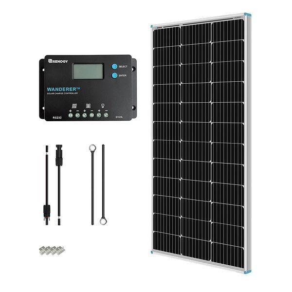Renogy 100W 12V Monocrystalline Solar Starter Kit w/Wanderer 10A Charge Controller, RNG-KIT-STARTER100D-WND10