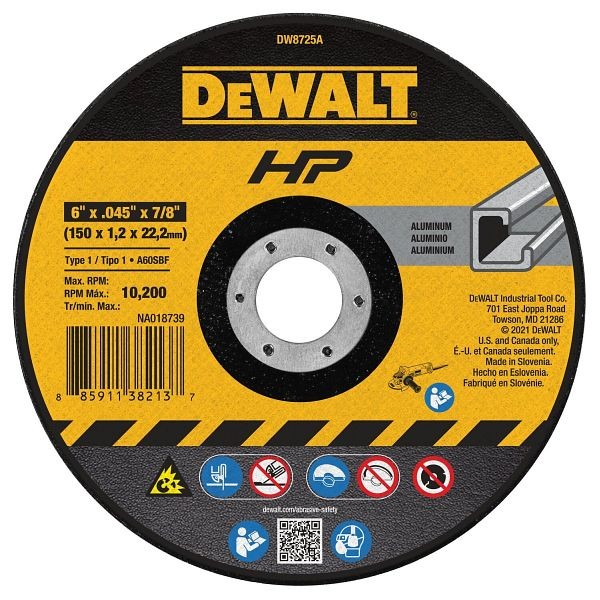 DeWalt 6" x .045" x 7/8" HP T1 Aluminum Cutting Wheel, DW8725A
