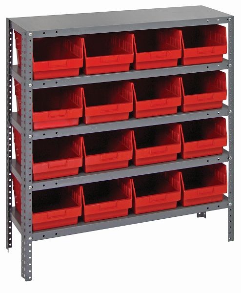 Quantum Storage Systems Shelving Unit, 12x36x39", 400 lb capacity per shelf (5), 16 QSB207 red black bins, galvanized steel, 1239-207RD