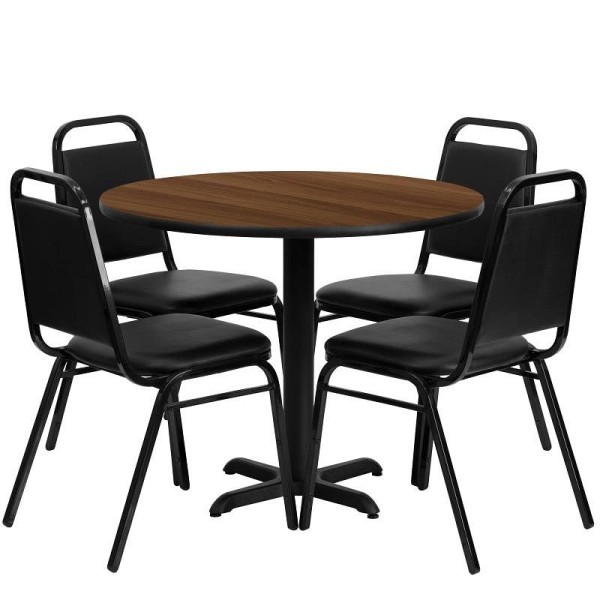 Flash Furniture Carlton 36'' Round Walnut Laminate Table Set with X-Base and 4 Black Trapezoidal Back Banquet Chairs, HDBF1004-GG
