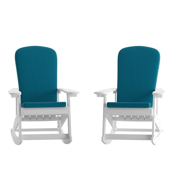 Flash Furniture Savannah All-Weather Poly Resin Wood Adirondack Rocking Chairs in White with Teal Cushions for Deck, Set of 2, 2-JJ-C14705-CSNTL-WH-GG