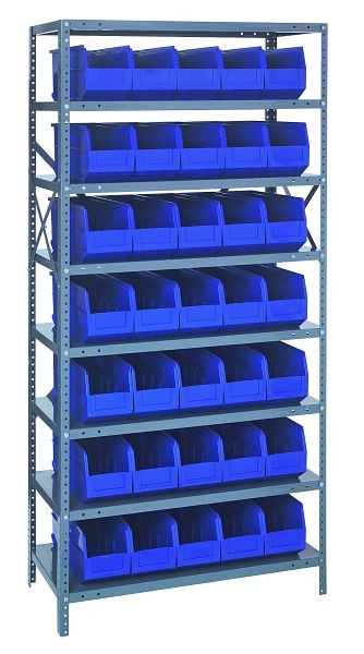 Quantum Storage Systems Shelving Unit, 18x36x75", 400 lb capacity per shelf (8), 35 SSB461 blue black bins, cross bars, galvanized steel, 1875-461BL