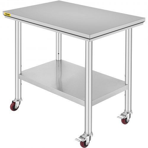 VEVOR Stainless Steel Commercial Kitchen Work Table 36x24" with 4 Casters, SYGZT36X24INDJL01V0