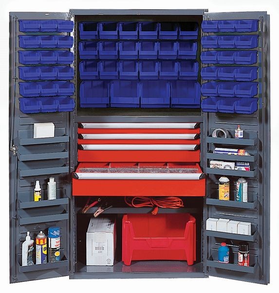 Quantum Storage Systems Heavy-Duty 36" Bin Cabinet, 800 lb. capacity, includes (58) removable blue bins, gray finish, QSC-3672-4DBL