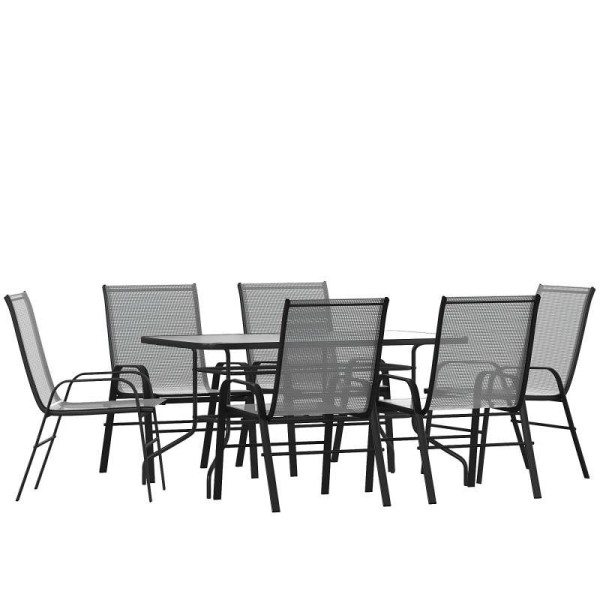 Flash Furniture Brazos 7 Piece Outdoor Patio Dining Set, 55" Tempered Glass Table with Umbrella Hole, 6 Gray Flex Comfort Chairs, TLH-089REC-303CGY6-GG