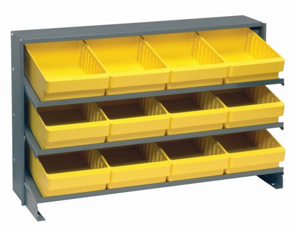 Quantum Storage Systems Pick Rack, slopped, bench style, 12-1/2"L x 36"W x 23"H, (3) shelves configuration, includes (12) QED701 yellow bins, QPRHA-701YL