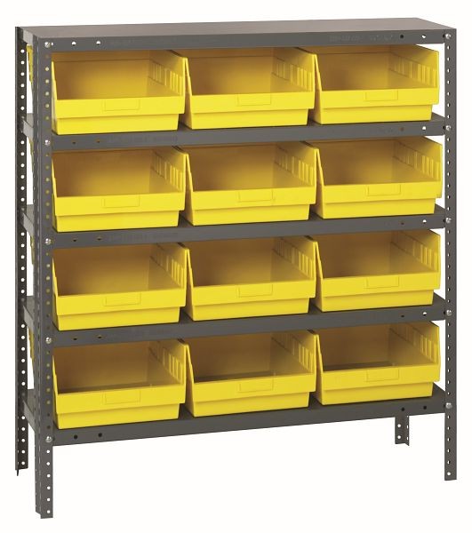 Quantum Storage Systems Shelving Unit, 12x36x39", 400 lb capacity per shelf (5), 12 QSB209 yellow black bins, cross bars, galvanized steel, 1239-209YL