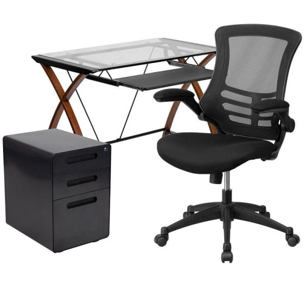 Flash Furniture Stiles Work From Home kit-Glass Desk, Keyboard Tray, Ergonomic Mesh Office Chair & Filing Cabinet with Inset Handles, BLN-NAN28APX5-BK-GG