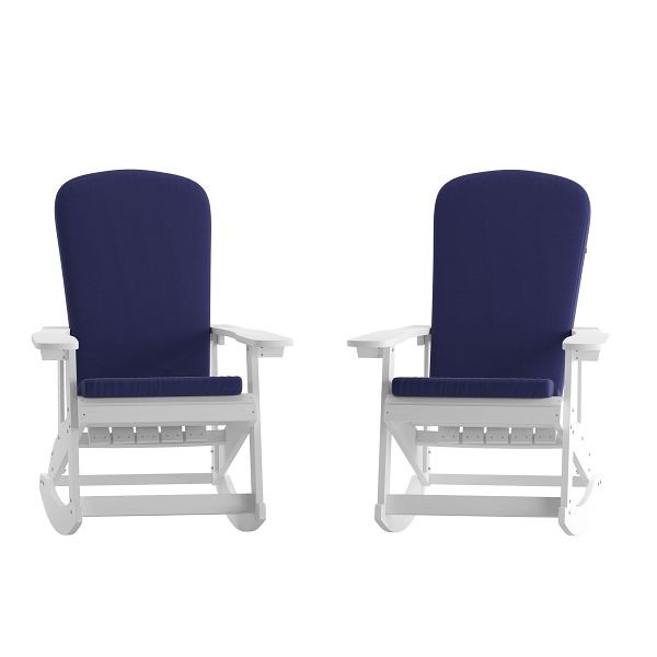 Flash Furniture Savannah All-Weather Poly Resin Wood Adirondack Rocking Chairs in White with Blue Cushions for Deck, Set of 2, 2-JJ-C14705-CSNBL-WH-GG