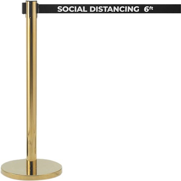 AARCO Form-A-Line™ System with 7' Belt, Brass Finish with Printed Black Belt, "SOCIAL DISTANCING 6FT", HB-7PBK