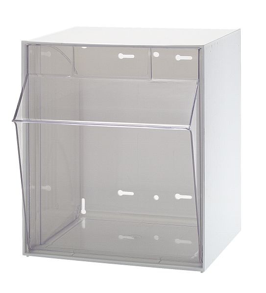 Quantum Storage Systems Tip Out Bin, (1) compartment, opens to a 45° angle, plastic clear container, polystyrene white cabinet, QTB301WT
