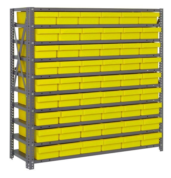 Quantum Storage Systems Shelving Unit, 12x36x39", 400 lb capacity per shelf (10), 54 QED401 yellow black bins, cross bars, galvanized steel, 1239-401YL