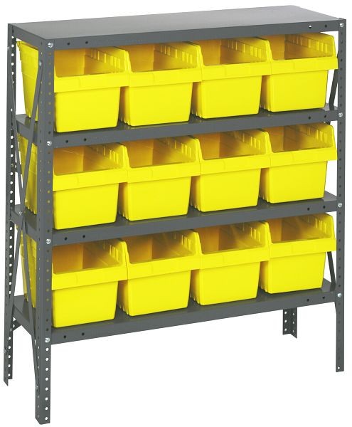 Quantum Storage Systems Shelving Unit, 12x36x39", 400 lb capacity per shelf (4), 12 QSB807 yellow black bins, galvanized steel, 1239-SB807YL