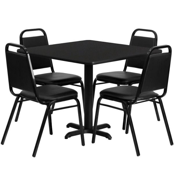 Flash Furniture Carlton 36'' Square Black Laminate Table Set with X-Base and 4 Black Trapezoidal Back Banquet Chairs, HDBF1009-GG