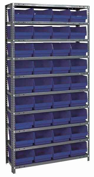 Quantum Storage Systems Shelving Unit, 18x36x75", 400 lb capacity per shelf (13), 36 QSB208 blue black bins, galvanized steel, 1875-208BL