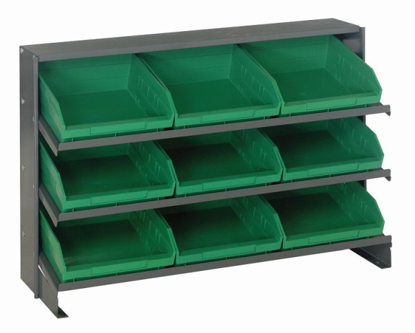 Quantum Storage Systems Pick Rack, slopped, bench style, 12-1/2"L x 36"W x 23"H, (3) shelves configuration, includes (9) QSB109 green bins, QPRHA-109GN