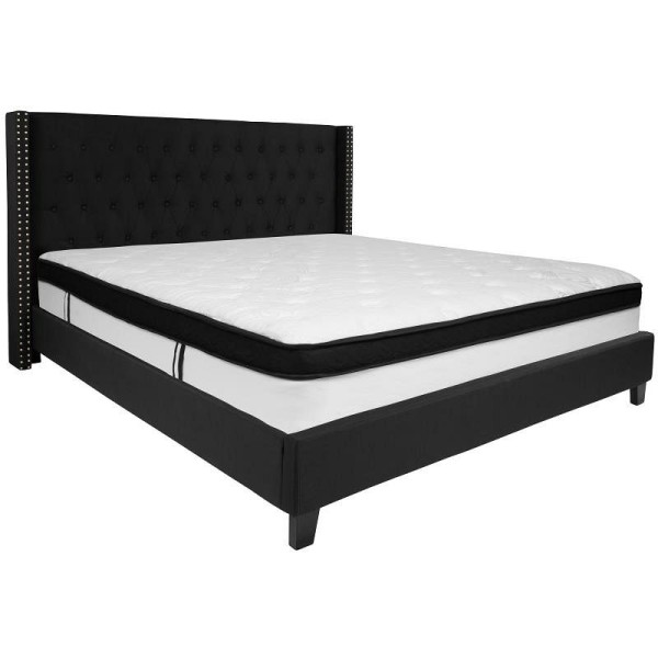 Flash Furniture Riverdale King Size Tufted Upholstered Platform Bed in Black Fabric with Memory Foam Mattress, HG-BMF-40-GG