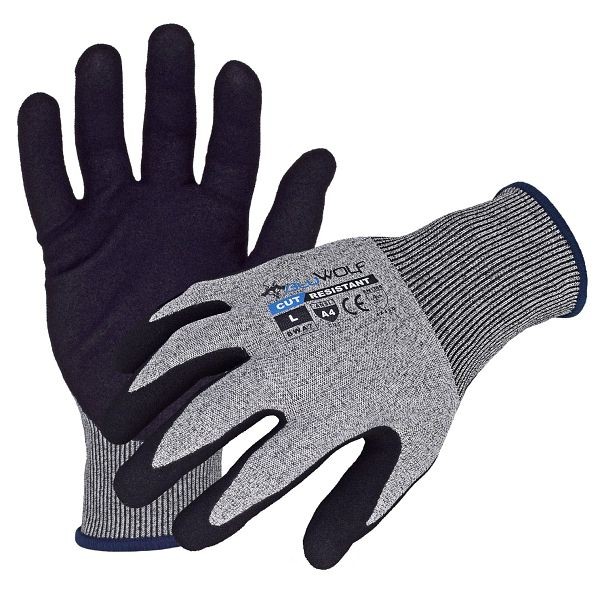 BLUWOLF 18-G Gray Seamless ANSI A4 Cut Resistant Glove with Black Sandy-Foam Nitrile Palm/Finger Coating, Size: S, Quantity: 12 Pair, BW4080-S