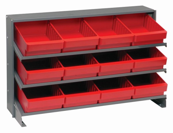 Quantum Storage Systems Pick Rack, slopped, bench style, 12-1/2"L x 36"W x 23"H, (3) shelves configuration, includes (12) QED701 red bins, QPRHA-701RD