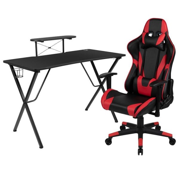 Flash Furniture Optis Black Gaming Desk & Red/Black Reclining Gaming Chair Set with Cup Holder, Headphone Hook, & Monitor Stand, BLN-X20RSG1031-RD-GG