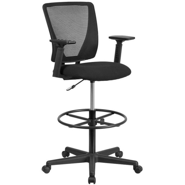 Flash Furniture Harper Ergonomic Mid-Back Mesh Drafting Chair with Black Fabric Seat, Adjustable Foot Ring and Adjustable Arms, GO-2100-A-GG