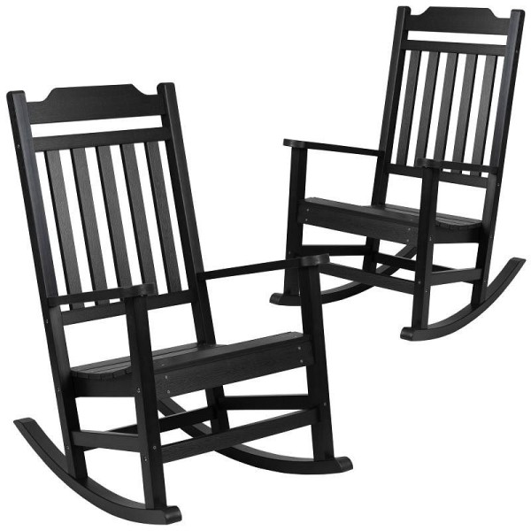 Flash Furniture Set of 2 Winston All-Weather Rocking Chair in Black Faux Wood, 2-JJ-C14703-BK-GG