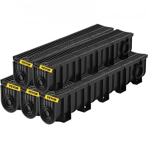 VEVOR Trench Drain System, Channel Drain with Plastic Grate, 5.9x7.5", 5x39 Trench Drain Grate, with 5 End Caps, Driveway-5 Pack, PSLGM10015050F23MV0