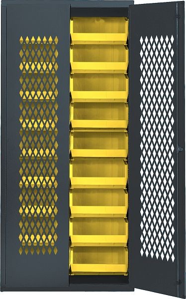 Quantum Storage Systems Specialty Bin Cabinets, heavy-duty, mesh door model, 36"W x 18"D x 78"H, includes (18) yellow bin, gray finish, MESH-250YL