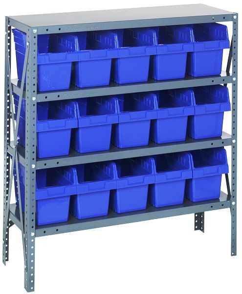 Quantum Storage Systems Shelving Unit, 18x36x39", 400 lb capacity per shelf (4), 15 QSB804 blue black bins, cross bars, galvanized steel, 1839-SB804BL