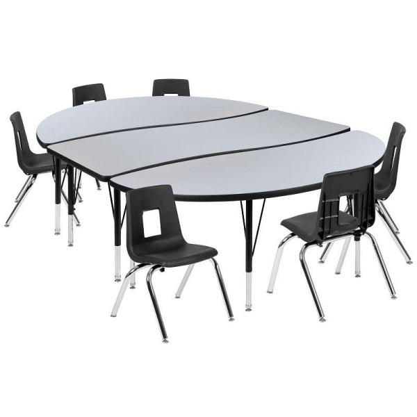 Flash Furniture Emmy 86" Oval Wave Flexible Laminate Activity Table Set with 14" Student Stack Chairs, Grey/Black, XU-GRP-14CH-A3060CON-60-GY-T-P-GG