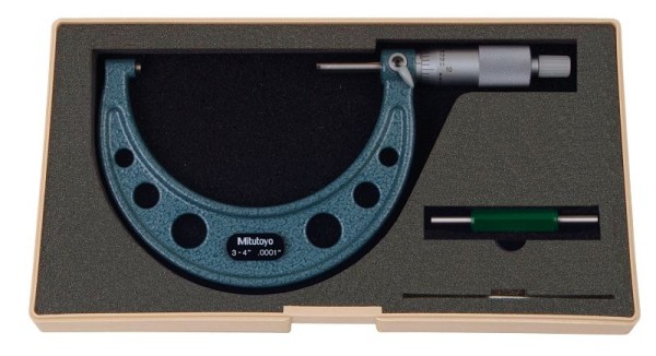 Mitutoyo Mechanical Outside Micrometer, 3-4 In, .0001 In Ratchet Stop, baked enamel, Spindle Lock, 103-218