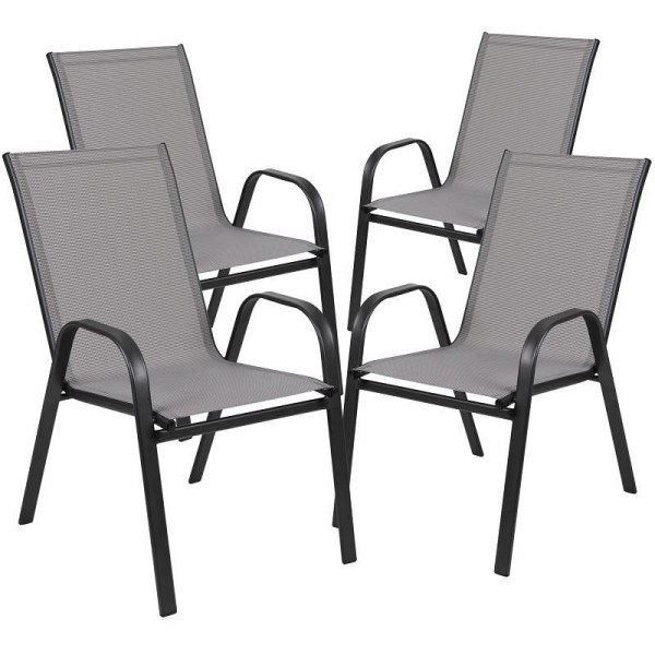 Flash Furniture 4 Pack Brazos Series Gray Outdoor Stack Chair with Flex Comfort Material and Metal Frame, 4-JJ-303C-G-GG