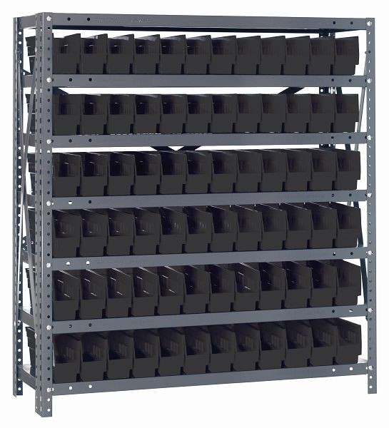 Quantum Storage Systems Shelving Unit, 12x36x39", 400 lb capacity per shelf (7), 72 QSB100 black bins, cross bars, galvanized steel, 1239-100BK