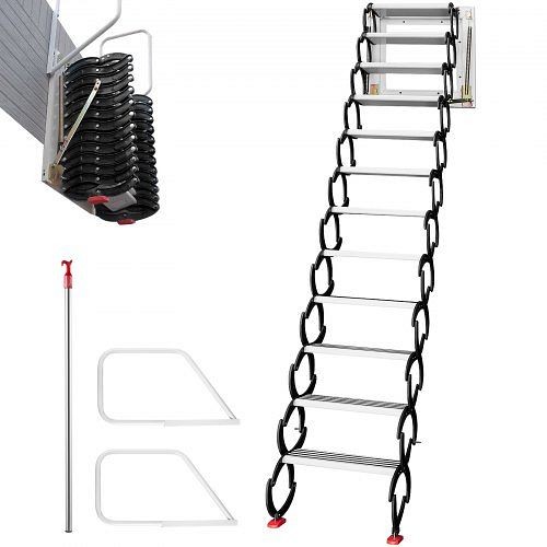VEVOR Attic Steps Pull Down 12 Steps Attic Stairs Alloy Attic Access Ladder, Black, HJBGZDT12JHS00001V0