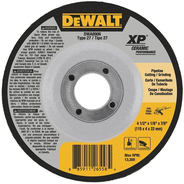 DeWalt 4-1/2" x 1/8" x 7/8" Ceramic Abrasive Grinding Disk, DWA8906