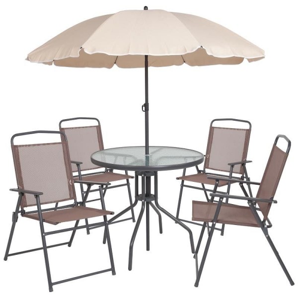 Flash Furniture Nantucket 6 Piece Brown Patio Garden Set with Umbrella Table and Set of 4 Folding Chairs, GM-202012-BRN-GG