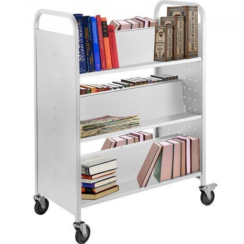 VEVOR Book Cart Library Cart 200lb with Double Sided W-Shaped Sloped Shelves in White, TSGTCSCWXSMBS0001V0