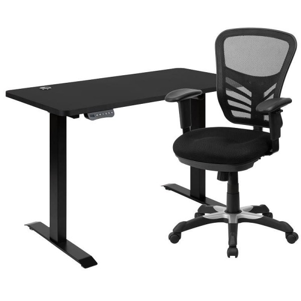 Flash Furniture Park 48" Wide Black Electric Height Adjustable Standing Desk & Black Mesh Multifunction Swivel Ergonomic Office Chair, BLN-20460001-BK-GG