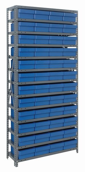 Quantum Storage Systems Shelving Unit, 18x36x75", 400 lb capacity per shelf (13), 48 QED606 blue black bins, cross bars, galvanized steel, 1875-606BL