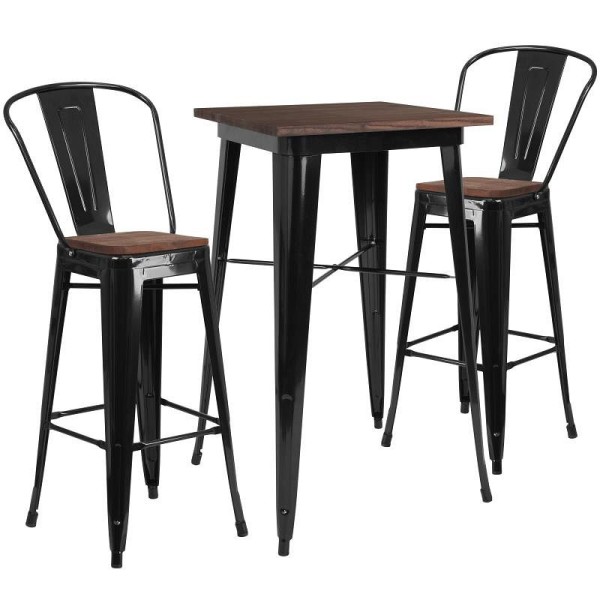 Flash Furniture Bailey 23.5" Square Black Metal Bar Table Set with Wood Top and 2 Stools, CH-WD-TBCH-16-GG