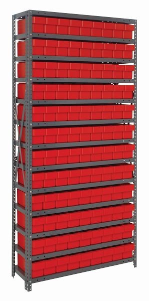 Quantum Storage Systems Shelving Unit, 18x36x75", 400 lb capacity per shelf (13), 108 QED604 red black bins, cross bars, galvanized steel, 1875-604RD