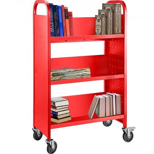 VEVOR Book Cart Library Cart 200lb with Single Sided V-Shaped Sloped Shelves in Red, TSGTCSCVXDMRED001V0