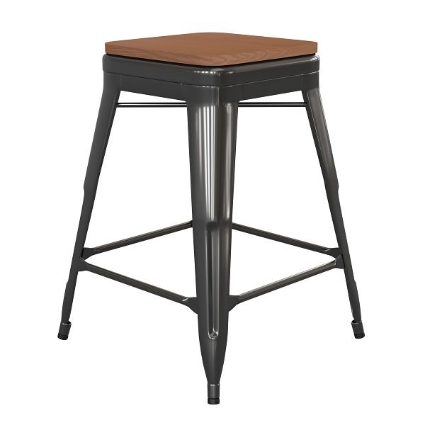 Flash Furniture Kai Commercial 24" High Backless Black Metal Indoor-Outdoor Counter Height Stool with Teak Poly Resin Wood Seat, CH-31320-24-BK-PL2T-GG
