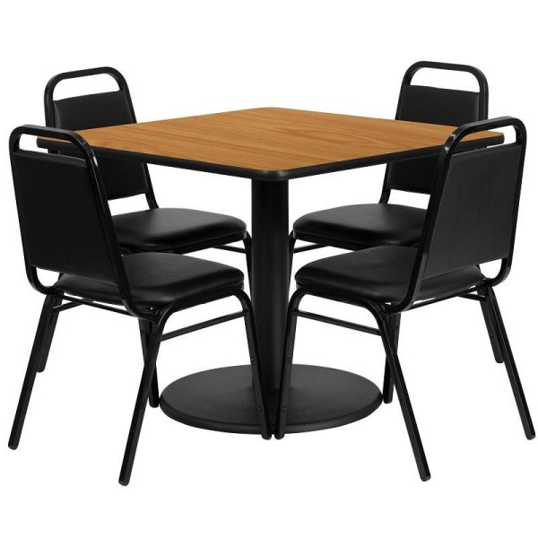 Flash Furniture Jamie 36'' Square Natural Laminate Table Set with Round Base and 4 Black Trapezoidal Back Banquet Chairs, RSRB1011-GG