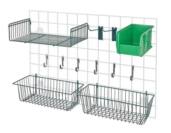 Quantum Storage Systems Store Grid Accessory Pack 1, includes (8) hook, (1) single bin holder & (1) green bin, green epoxy finish, SG-A2GN